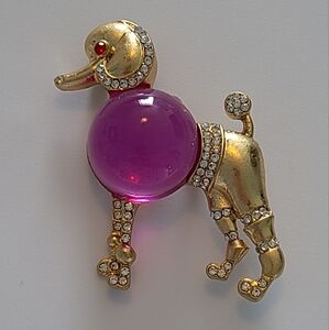 Poodle Purple Pink Jelly Belly Vintage Style Brooch Rhinestones Gold Vtg Dog
